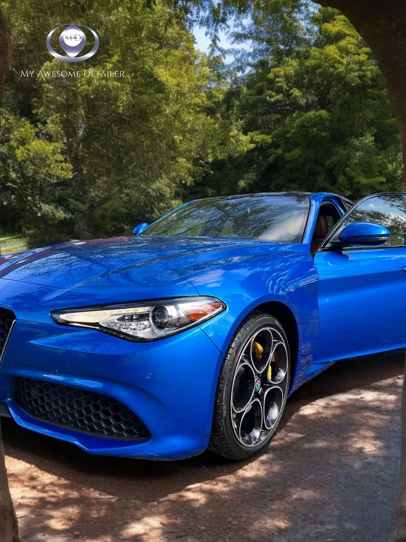 Blue Alfa Giulia detailed outdoors
