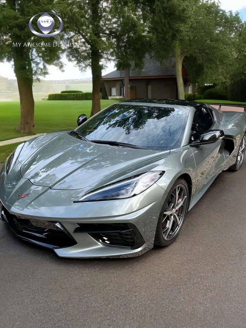 Gray Corvette C8 detailed outdoors